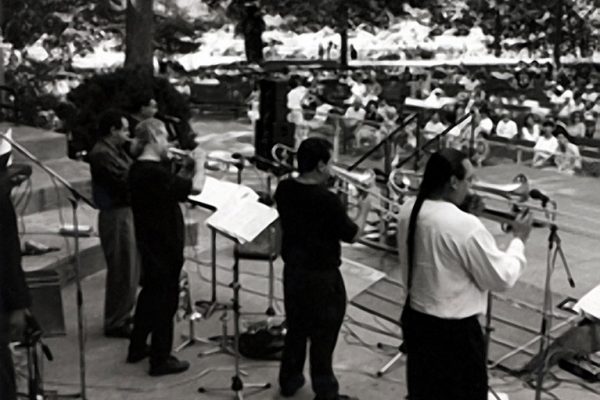 left to right: Hiram Remón, Claudio Roditi, Steve Gluzband, Demetrios Kastaris, Steve Turre, June 26, 1993, Seuffert Bandshell, Woodhaven Queens, New York (photo credit Kathy Izzo)