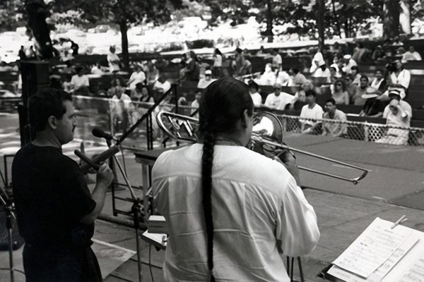Demetrios Kastaris, Steve Turre, June 26, 1993, Seuffert Bandshell, Woodhaven Queens, New York, photo credit Kathy Izzo)