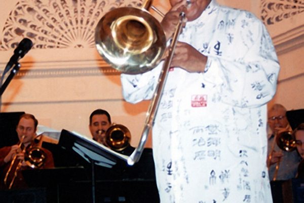 Jazz virtuoso Slide Hampton performs with trombone ensemble, Trombone Day at the Mannes College of Music in New York City, 2003